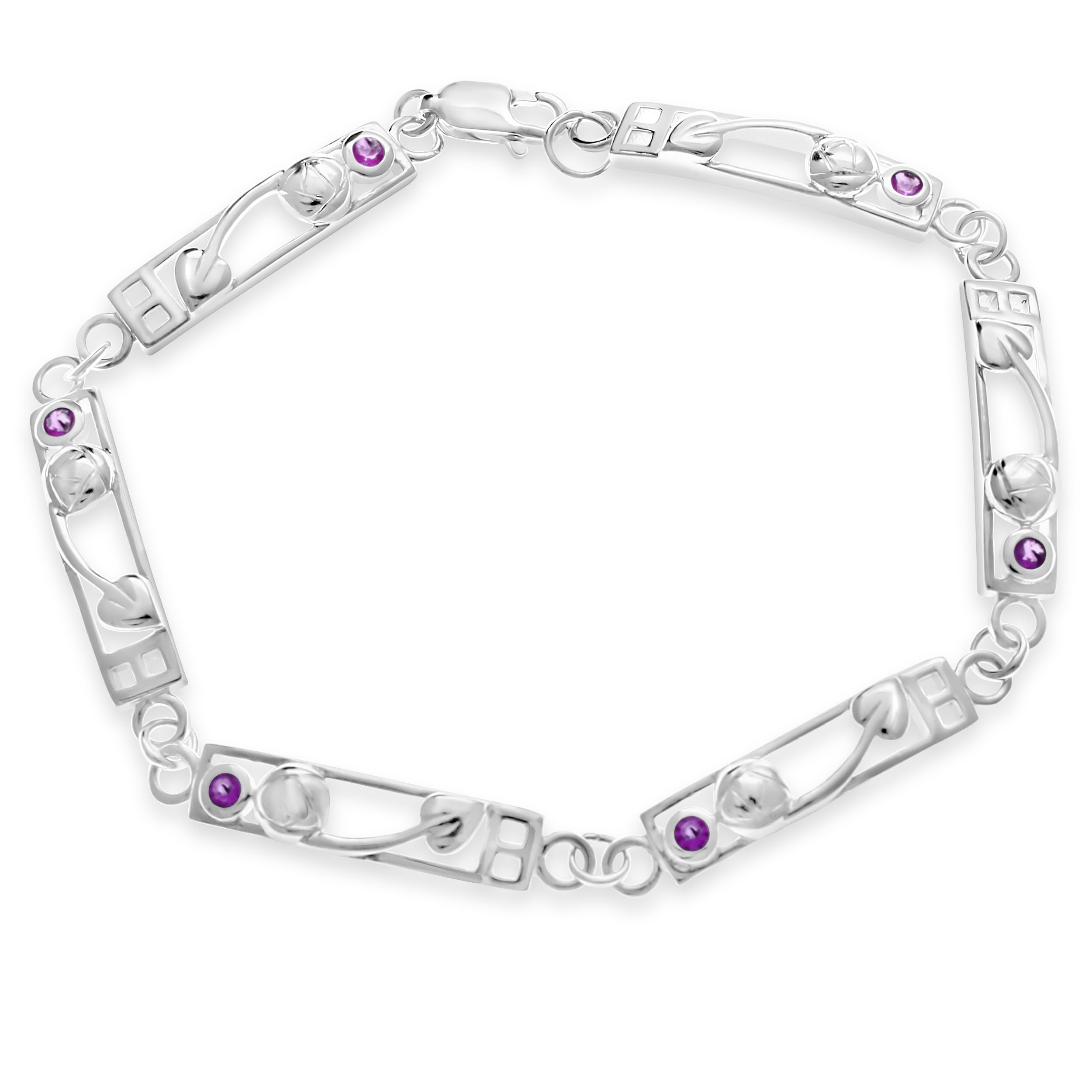 Alexander Castle 925 Sterling Silver Bracelet for Women with Purple Cubic Zirconia Charles Rennie Mackintosh Jewellery with Jewellery Gift Box - 7.5 Inches