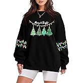 Oversized Christmas Sweatshirt Women Merry and Bright Shirt Christmas Tree Lights Sweatshirts Xmas Holiday Pullover Tops
