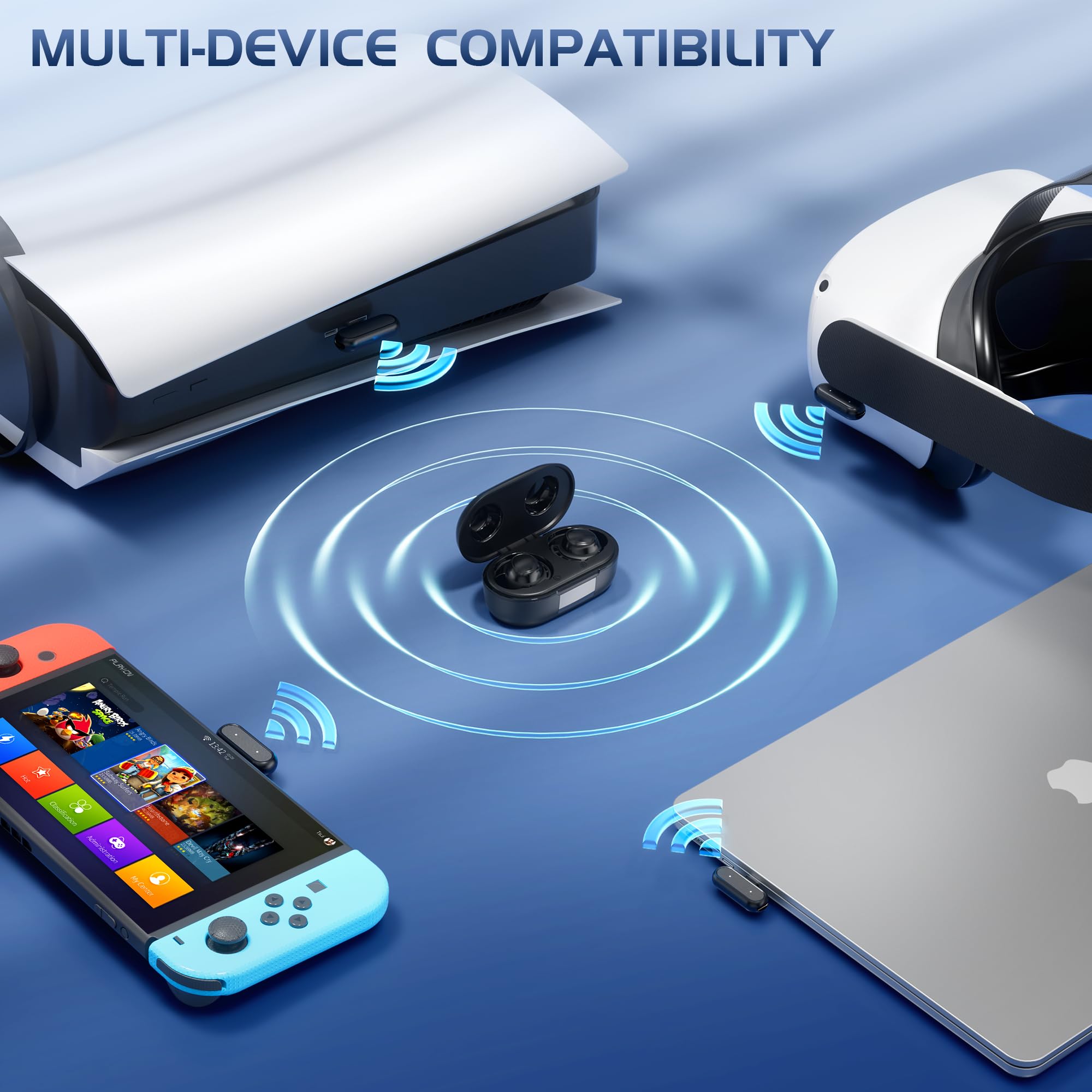 IAMJOY Wireless Gaming Earbuds, 20ms Low Latency, Game Earbuds with Mic, 2.4GHz & Bluetooth, Compact LED Display Wireless Earbuds Compatible with Meta Quest 3/2, PS5/4, Steam Deck, VR, Switch, PC