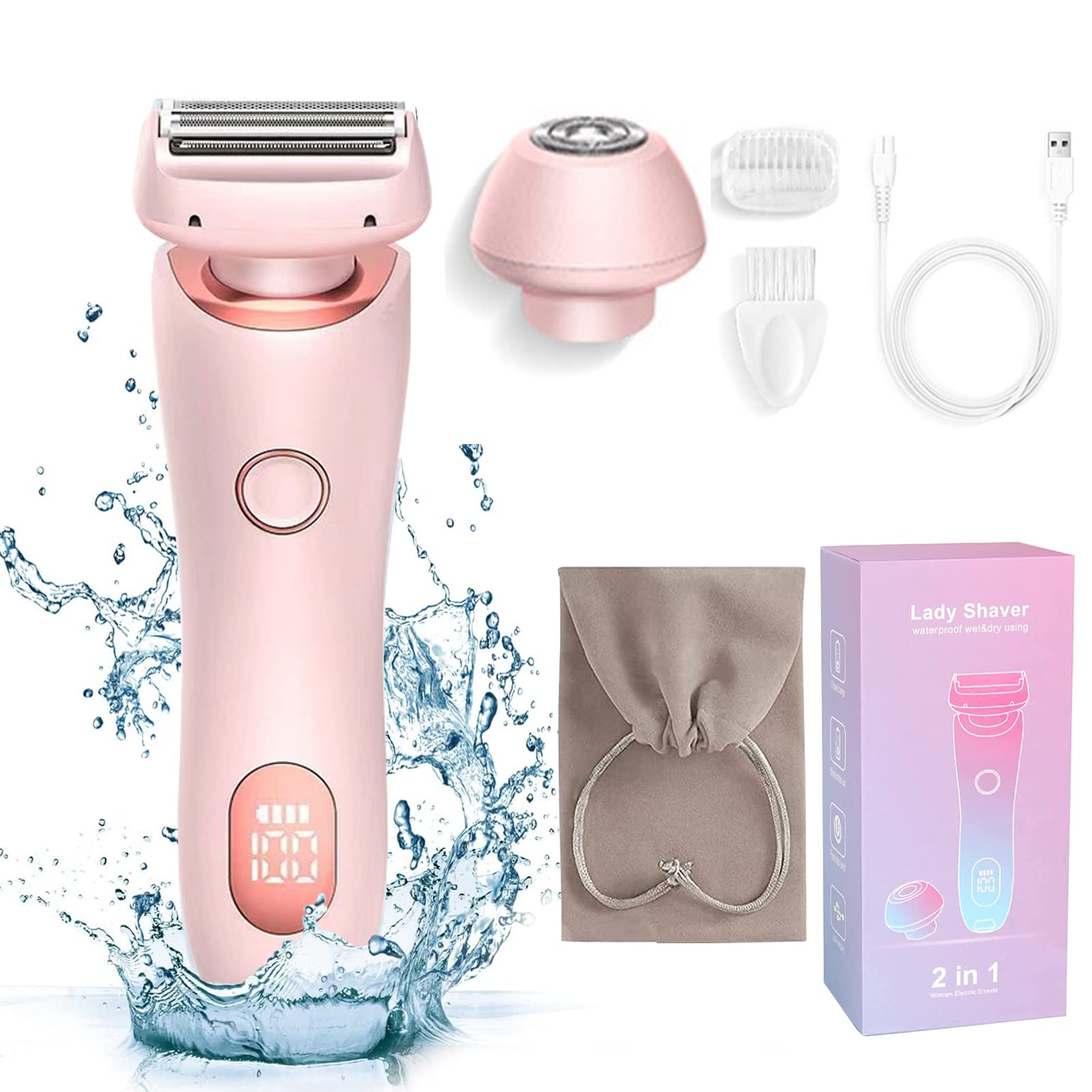 XinBarber 2-in-1 Lady Shavers,Pinky Rechargeable Trimmer for Arm Leg Face Pubic Area, Electric Bikini Women Cordless Shaver with Detachable Head, Wet/Dry Use