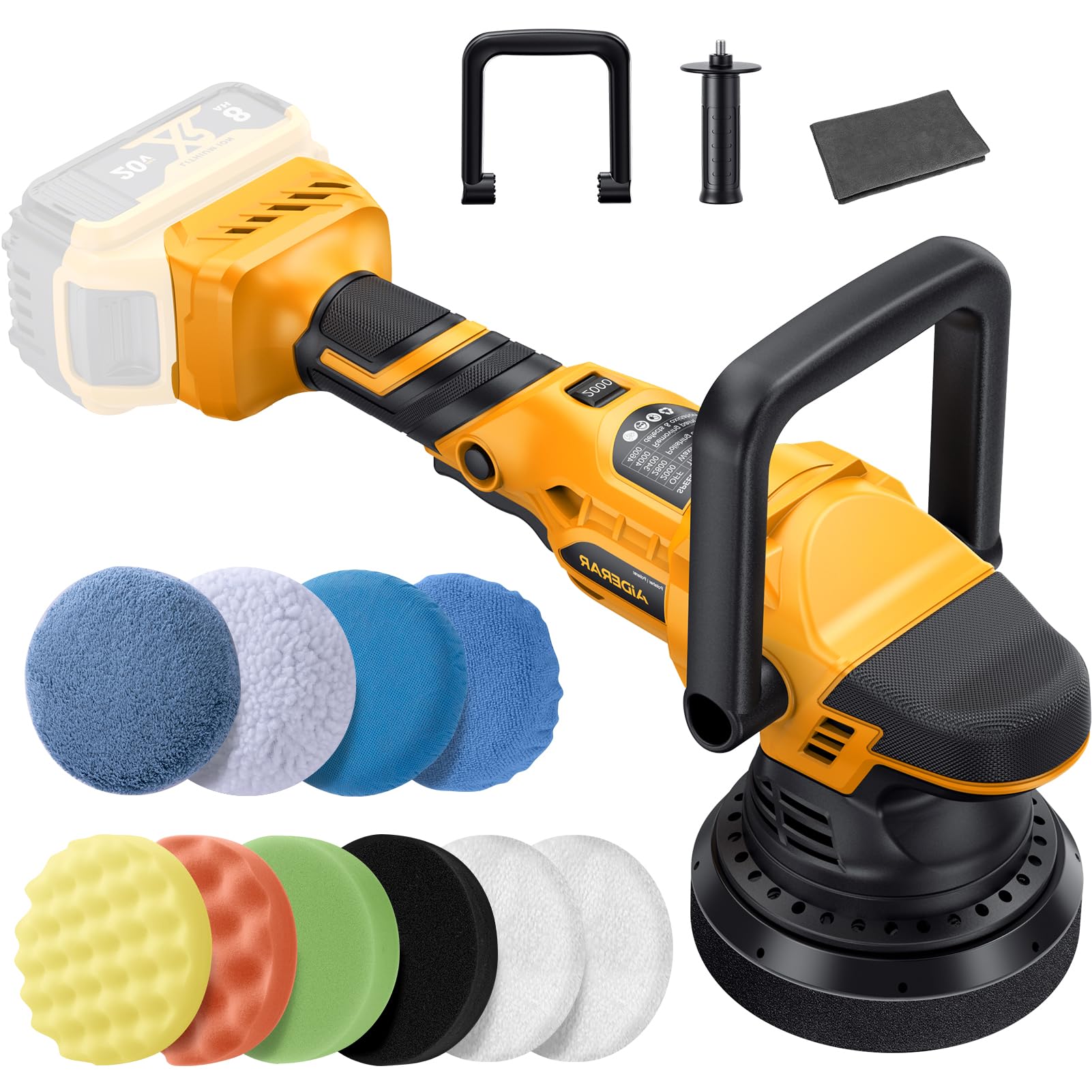 View 1 of Aiderar Brushless Cordless Car Buffer Polisher for Car Detailing, 15mm Dual Action, Compatible with DeWalt 20V MAX, 5-Speed Control, Includes 5-inch Polishing Pads (Tool Only, NO Battery / Charger)