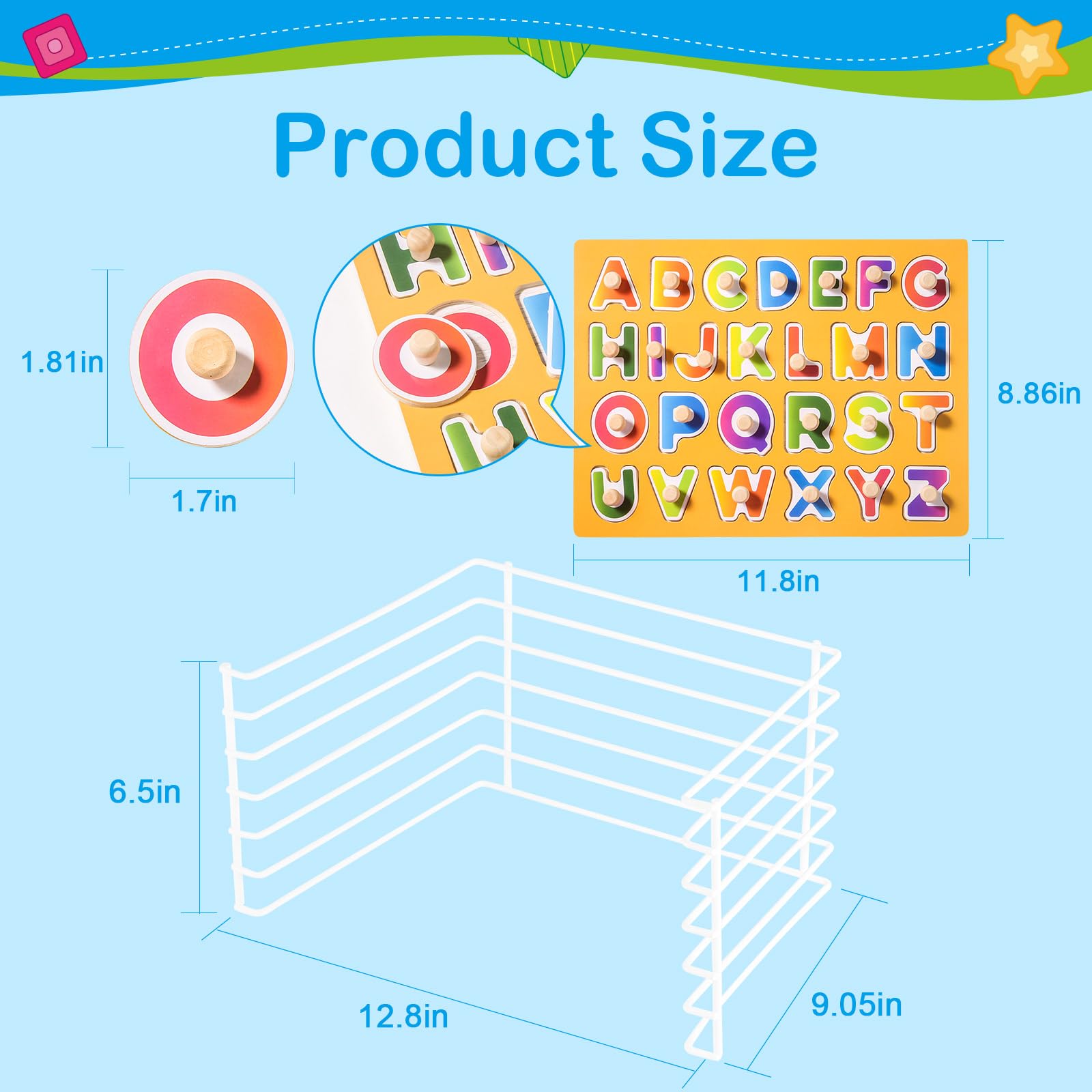 Wooden Puzzles for Toddlers 1-3, 6 Pack Peg Puzzles with Wire Puzzle Holder Rack for Kids, Learning Educational Puzzles for Baby Puzzles 12-18 Months, Alphabet Number Animal Vehicle Montessori Toys