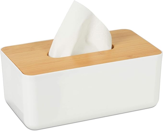 Relaxdays Caja para pañuelos, Tapa de bambú, para el baño, Moderno