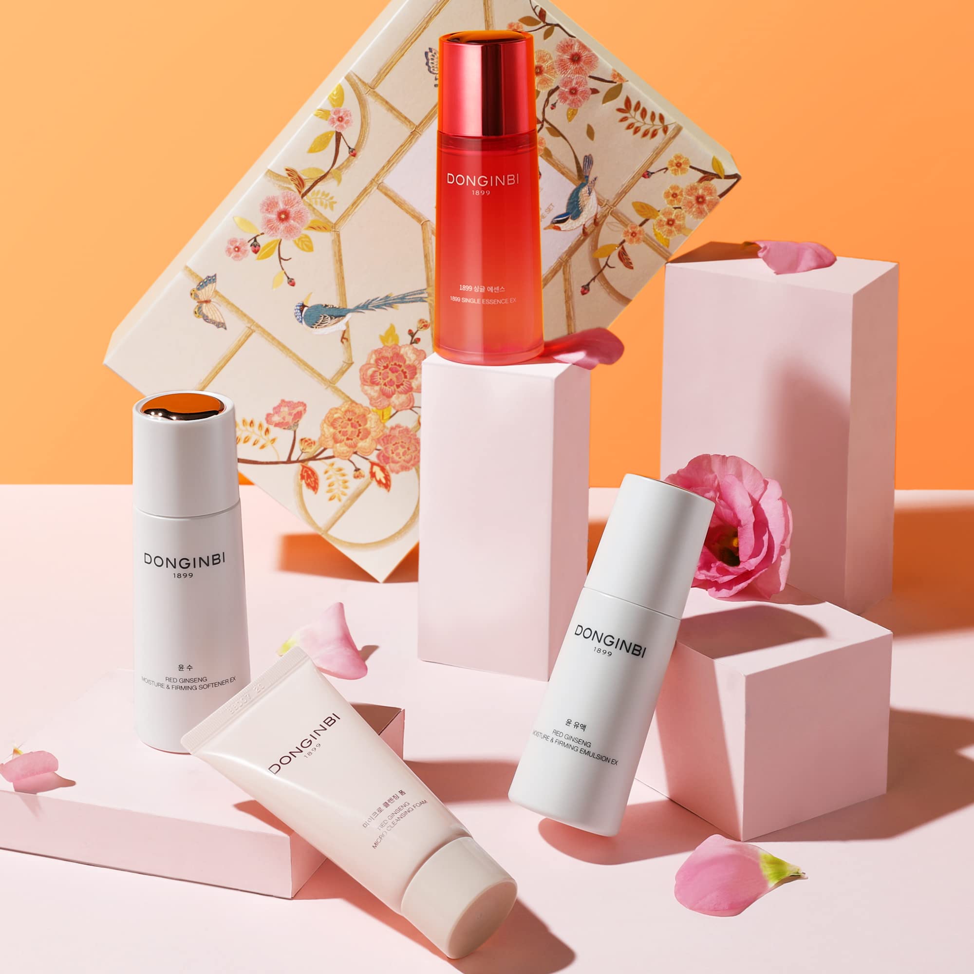 Donginbi Red Ginseng Essential Skin Care Set - Firming Moisturizer(1.69 floz), Hydrating Toner(2.37 floz), Korean Red Ginseng Essence(2.37 floz), Pore Cleaner(1.69 floz), Korean Skin Care