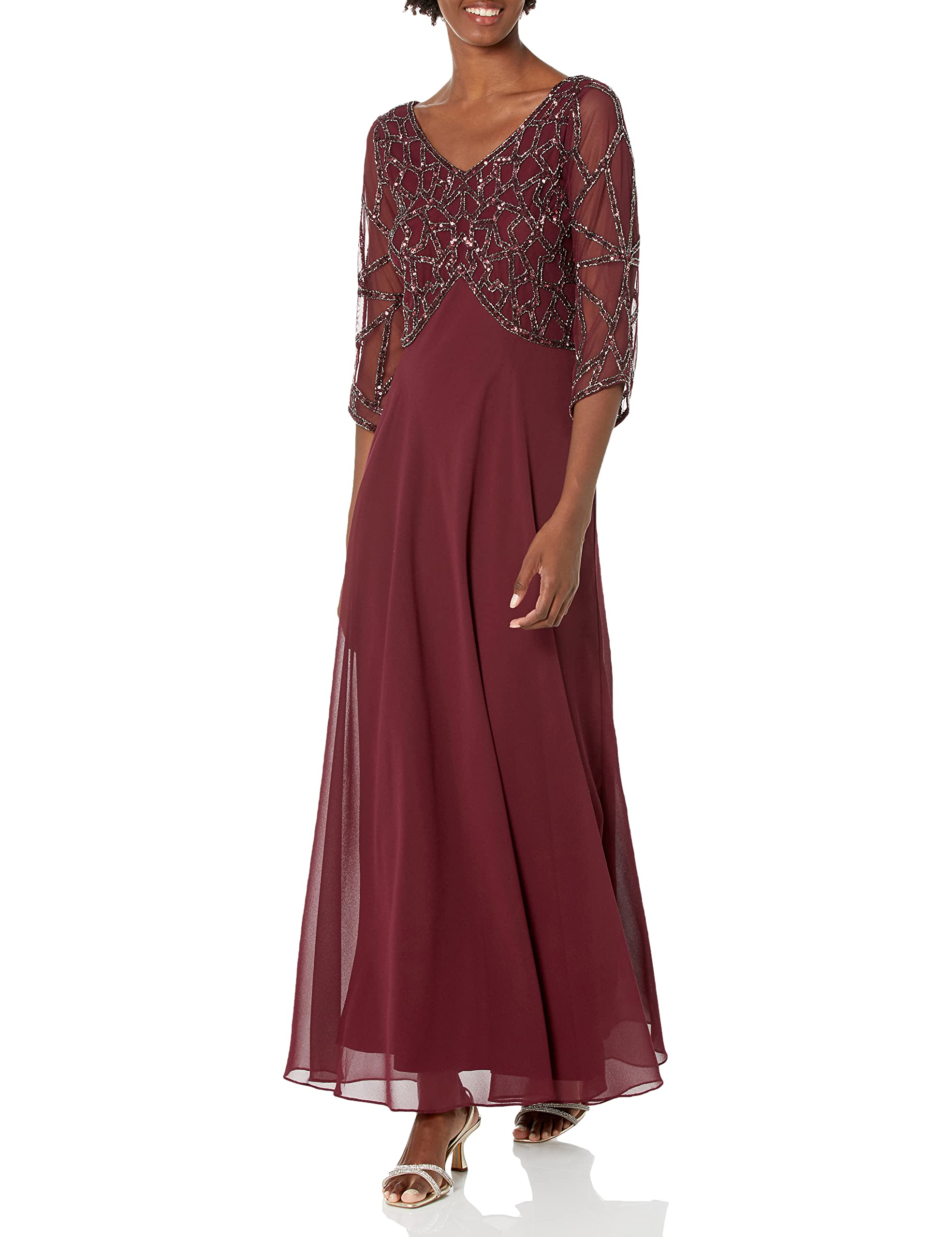 Photo 1 of J Kara Women's 3/4 Sleeve Geo Beaded Gown, Cranberry Multi, 16