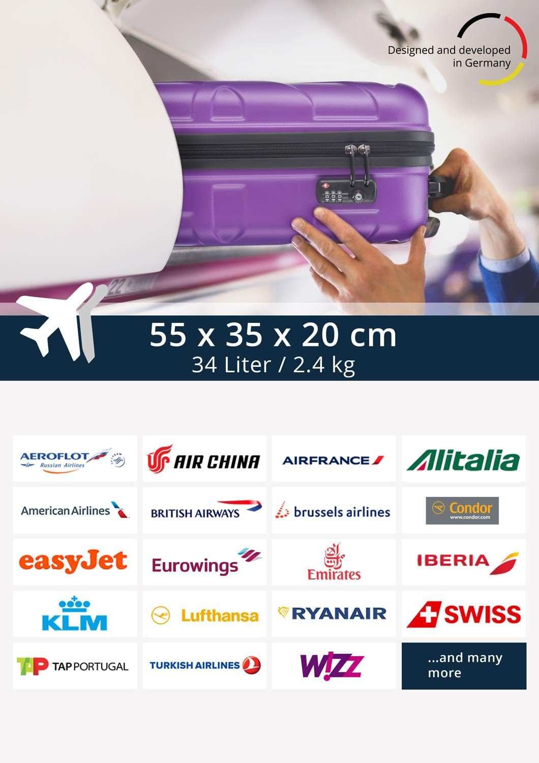 Suitline - Hand Luggage, Carry on Cabin Trolley, Hardshell Suitcase, 100% ABS, 55 cm, 34 liters, Purple, Purple/Aubergine, 55 cm (S) - Image 4