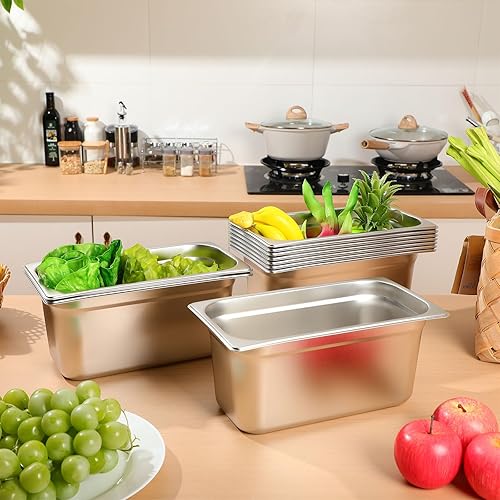 10 Pack Hotel Pans Stainless Steel Steam Table Pan 1/3 Size, 0.8 Mm Thick Steam Pan Anti Jam Warming Pans For Food Warmer Restaurant Catering Supplies, 12.8 X 6.9 Inch (European,6 Inch Deep