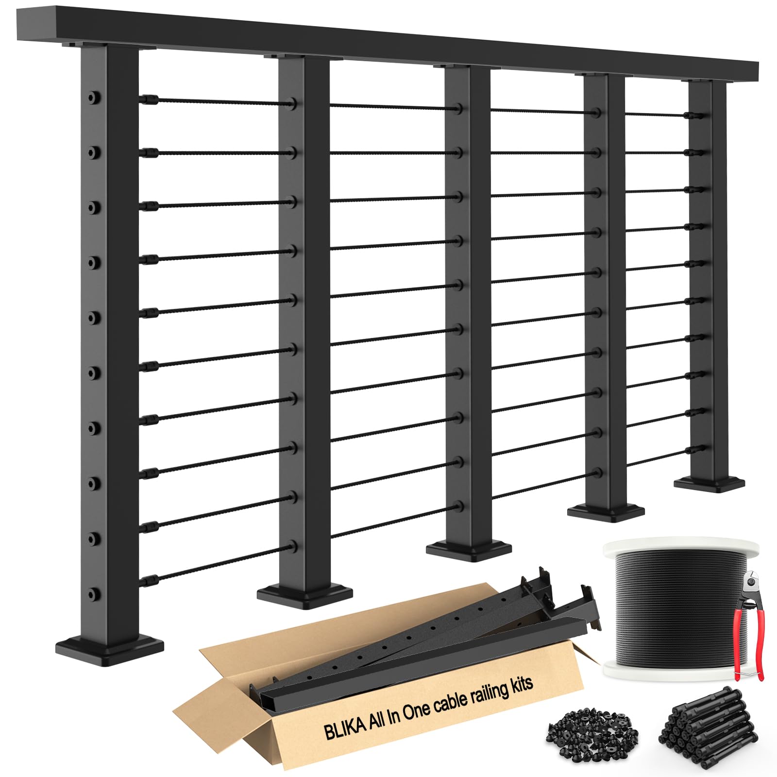 Photo 1 of BLIKA 6'6"-13FT Complete Set 36" Cable Railing Post Kits, Surface Mount Deck Cable Railing System with Handrail & Swageless Tensioner, Pre-Drilled Black Stainless Steel Cable Railing Posts