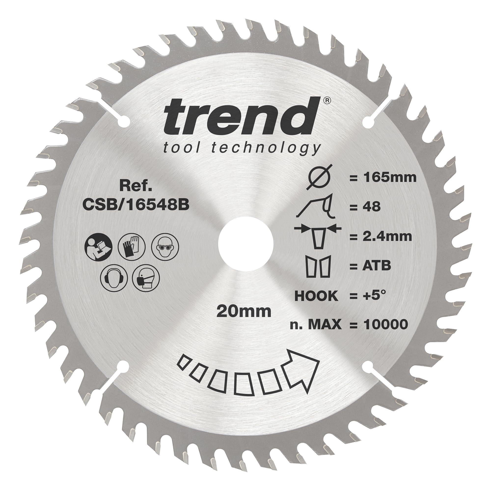 Trend Wood Circular Saw Blade, 165mm Diameter, 20mm Bore, 48 Teeth, 2.4mm Kerf, +5ยฐ Hook, TCT, Fine Finish, CSB/16548B โ image 1