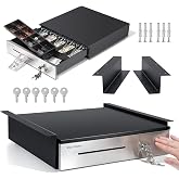 Manual Push Open Cash Register Drawer with Under Counter Mounting Metal Bracket - 16" Black/Stainless Steel Front Cash Drawer for POS, Partial Removable 5 Bill 8 Coin Tray, Key Lock, Media Slots