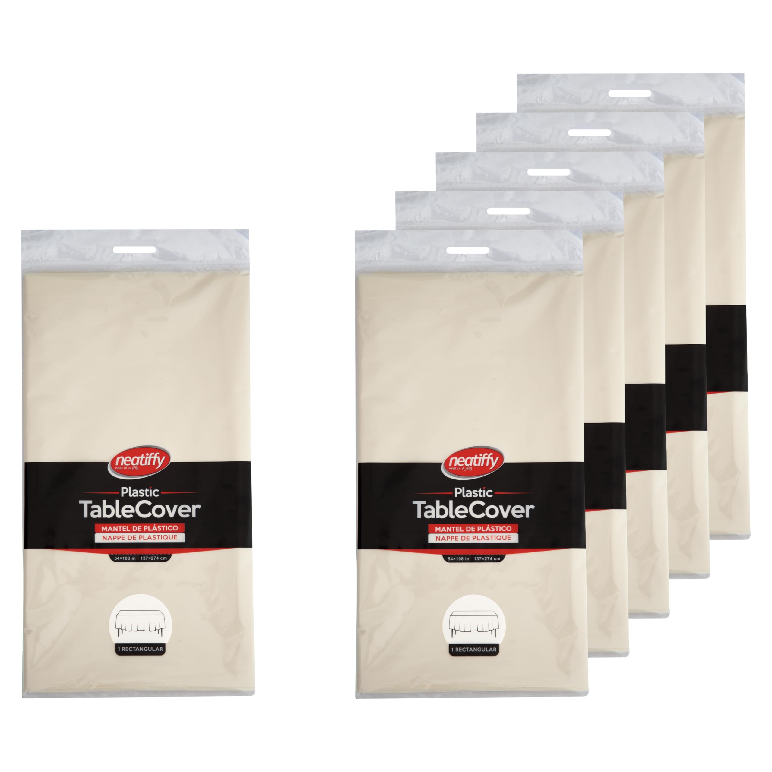 Neatiffy 54 in x 108 Inch 6Pack Rectangle Plastic Table Cloth | Waterproof Disposable/Reusable Tablecloth | Table Cover for Picnic, Party, Banquet, Birthdays - Ivory