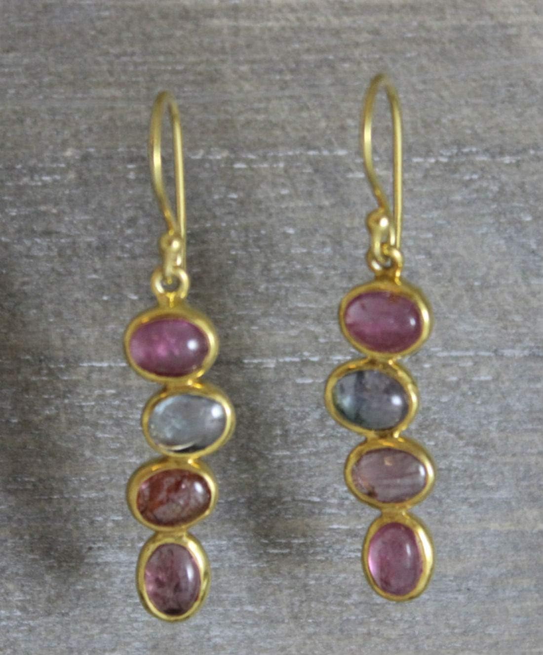 Multi Colored Tourmaline Oval Shape Gold Plated Sterling Silver Earrings Earwires