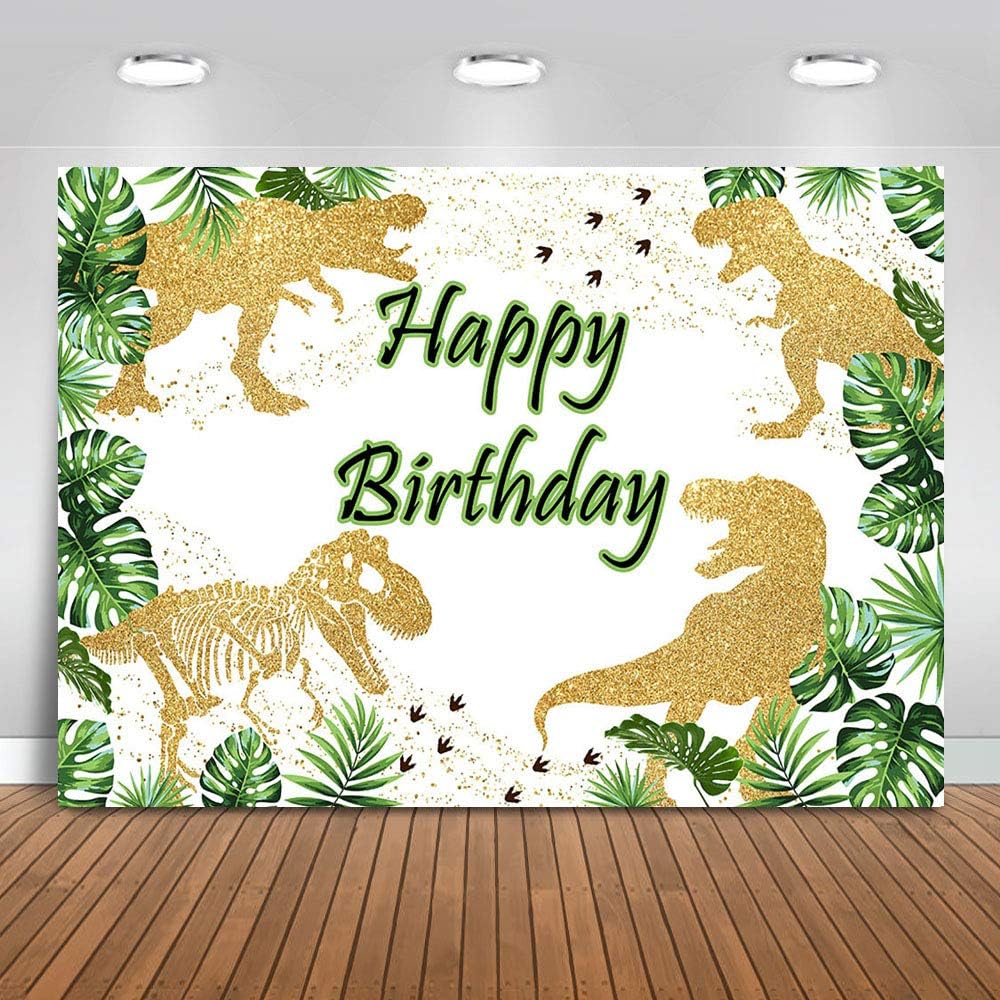 Avezano Dinosaur Theme Birthday Party Backdrop 7x5ft Gold and Green Safari Jungle T-Rex Dinosaur Background Boy Birthday Party Decoration Banner for Photography Kids Photo Studio Props