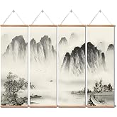 xinyuru Chinese Ancient Landscape Scroll Wall Art, 4-Piece Wooden Set | | Chinese ink landscape | No Paint | Solid wood shafts | Ready to Hang | 2cm thick | for Study, Bedroom, Office