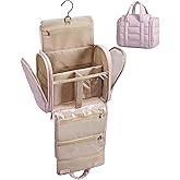 BAGSMART Hanging Toiletry Bag with Removable Partition, Puffy Water-resistant Fabric, Cosmetic Bag Makeup Bag for Full Sized Toiletries, Nude Pink