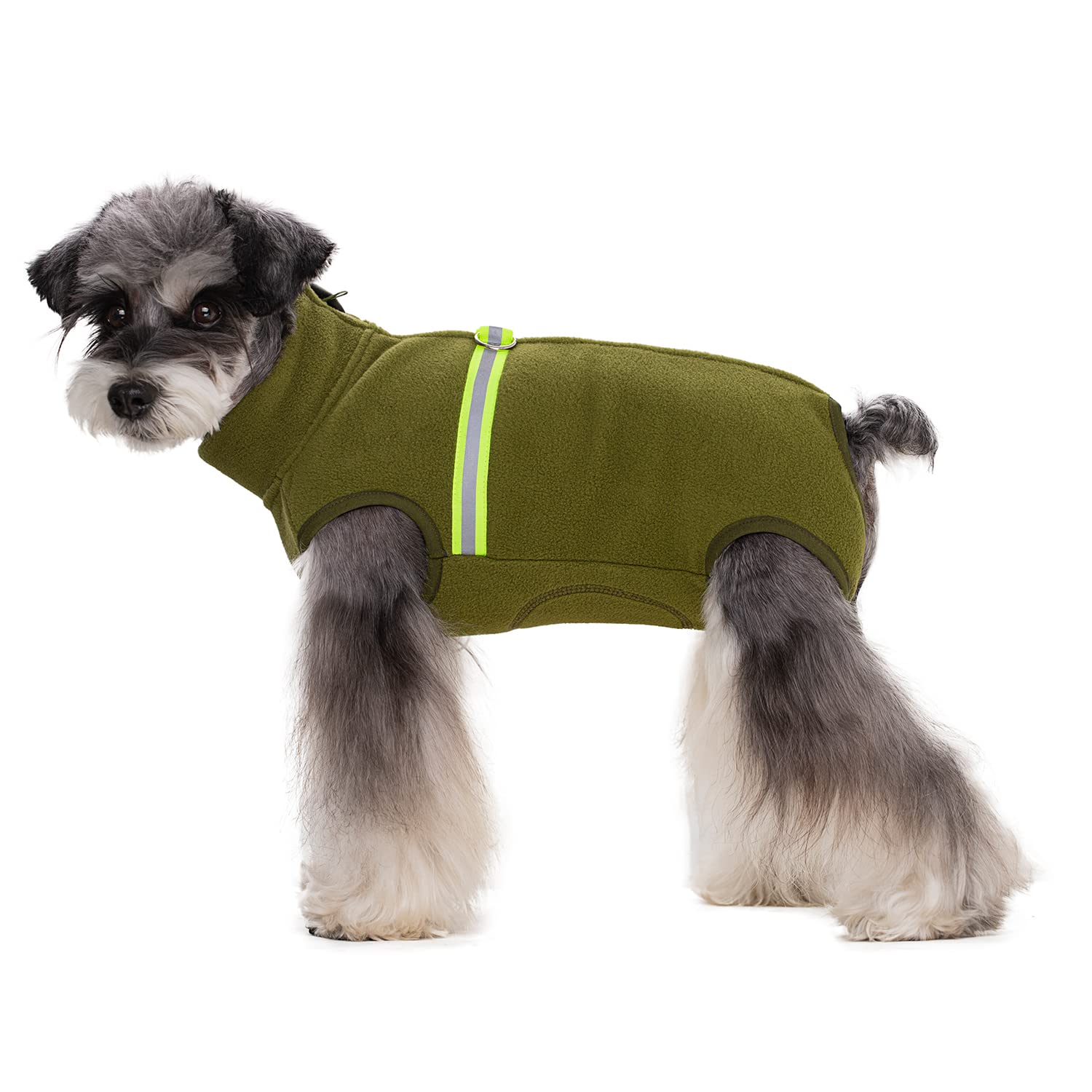 BT Bear Cosy Polar Fleece Coat for Dogs, Full body Jacket, Dogs Onesie With D Ring, Zipper with Reflective Jumpsuit, Winter Clothes for Pet Dog Outdoor or Indoor Small Medium Dogs (Olive-green,M)