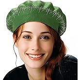LADYBRO Rhinestone Beret Hats for Women 2 Layers Wool French Knit Cap Lady Winter Black