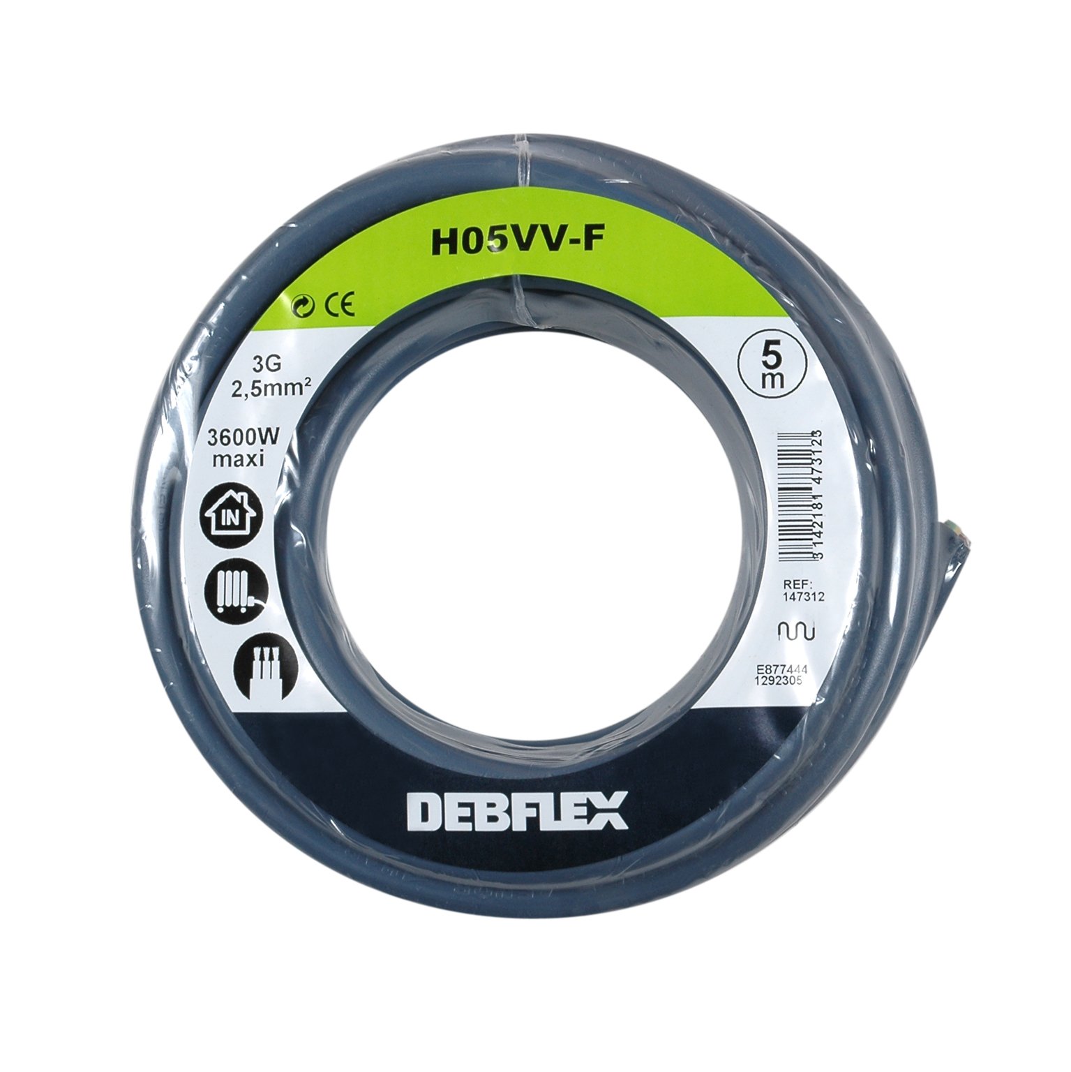 DEBFLEX Flexible Electric Cable Reel - 5 Metres HO5VV-F 3G2.5 mm² - Grey - Compatible with All Devices Requiring Electrical Power