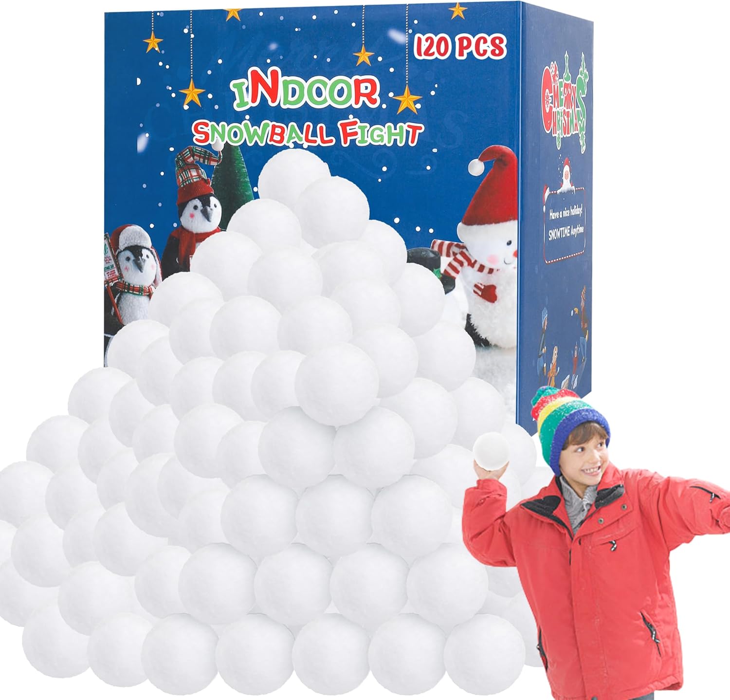Artificial Snow - 120 Pack Indoor Snowball Fight Set, Soft Fake Snowballs for Kids, Plush Artificial Snowballs for Multiplayer Outdoor Parent-Child Throwing Game Winter Home Christmas Party Decorations Gift