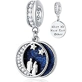 I Love You to the Moon and Back Pendant Charms, Fit Pandora Valentines Bracelet, 925 Sterling Silver Couple on Starry Night Sky CZ Necklace Beads, Gift for First Mothers Day