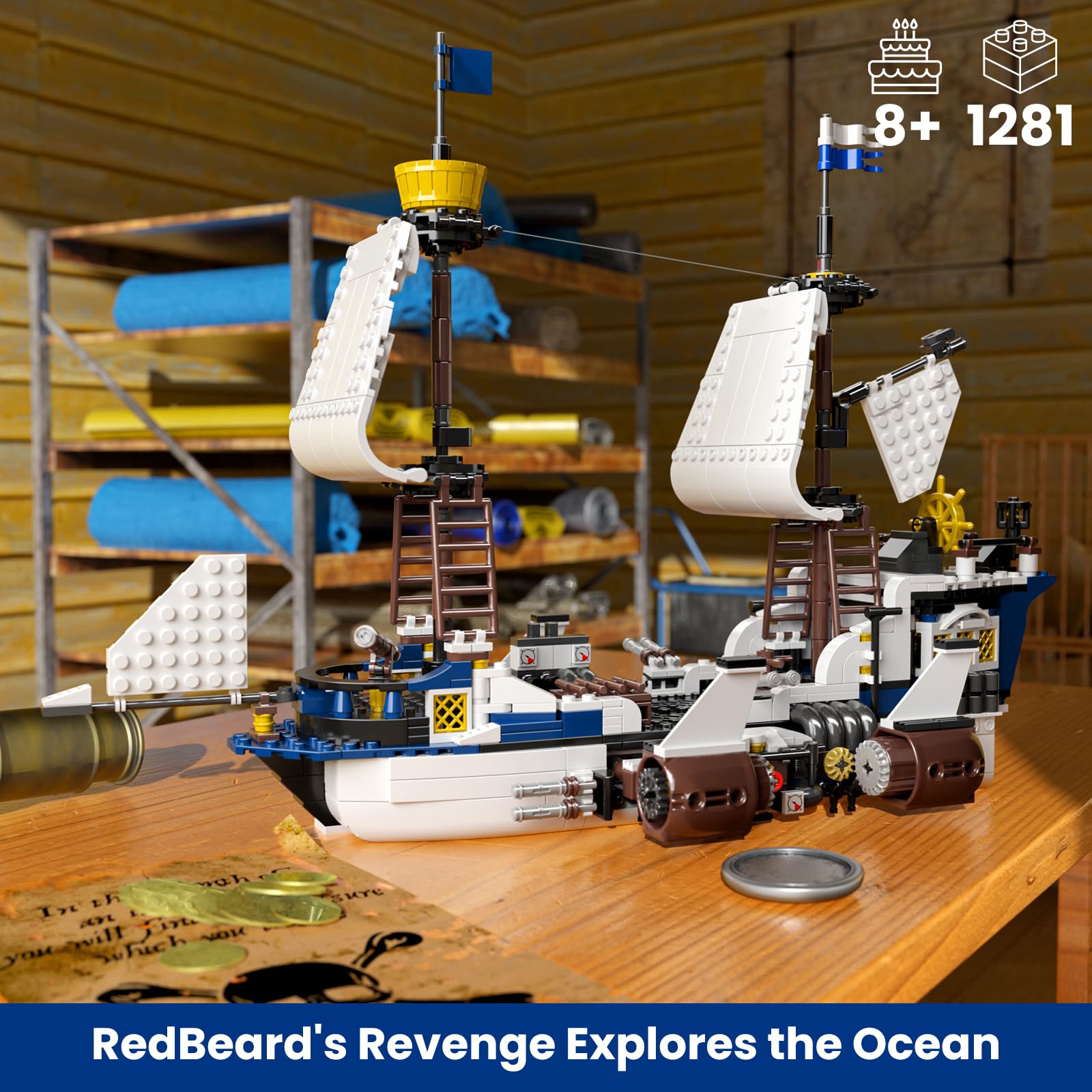 Mould King 10147 Klemmbausteine Schiff Piratenschiff Bausteine Segelschiff Modellbausatz Savior Spaceship Bauspielzeug mit Zubehör Geschenk für Erwachsene und Kinder(1281 Teile) 2
