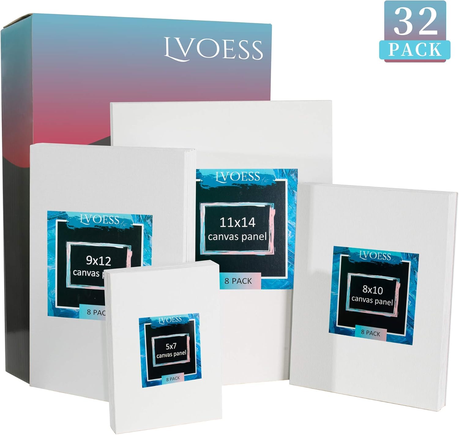 Lvoess 32 Packs Canvas Boards for Painting, Artist Painting Canvas Panel Set 5x7", 8x10", 9x12", 11x14"