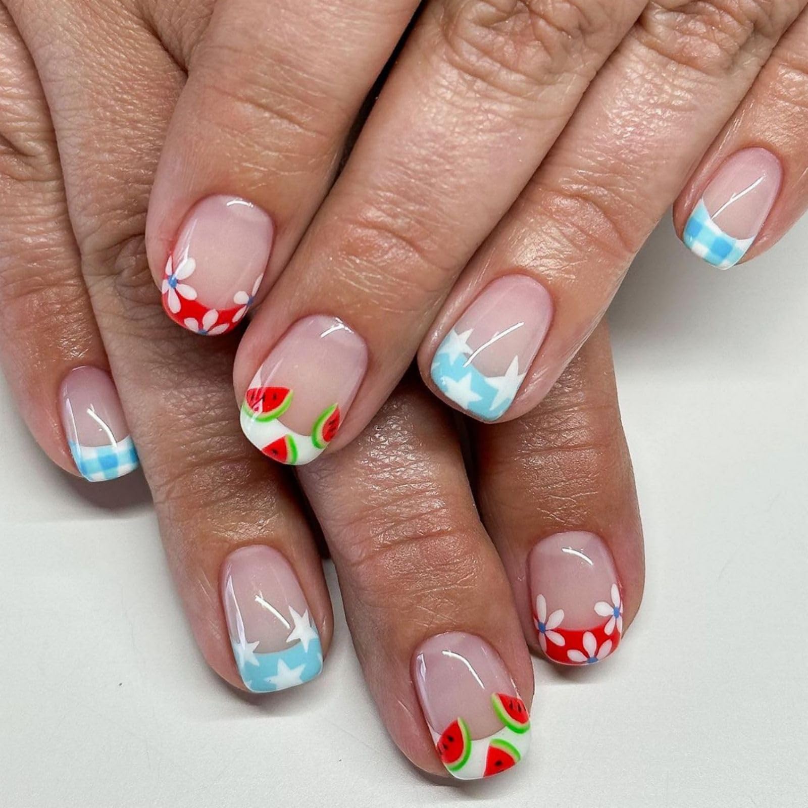 Photo 1 of 4th of July Press on Nails Short Square Fake Nails Red Blue French Tip Design Glue on Nails Star Full Cover False Nails Summer Patriotic Stick on Nails for Independence Day Manicure Tips