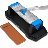 DOWOX Diamond Sharpening Stone,3 Side 400/1000/8000 Grit Whetstone Kit | Knife Sharpener for Kitchen/Hunting/Outdoor Knives，Angle Guide, Non-Slip Base, Leather Strop