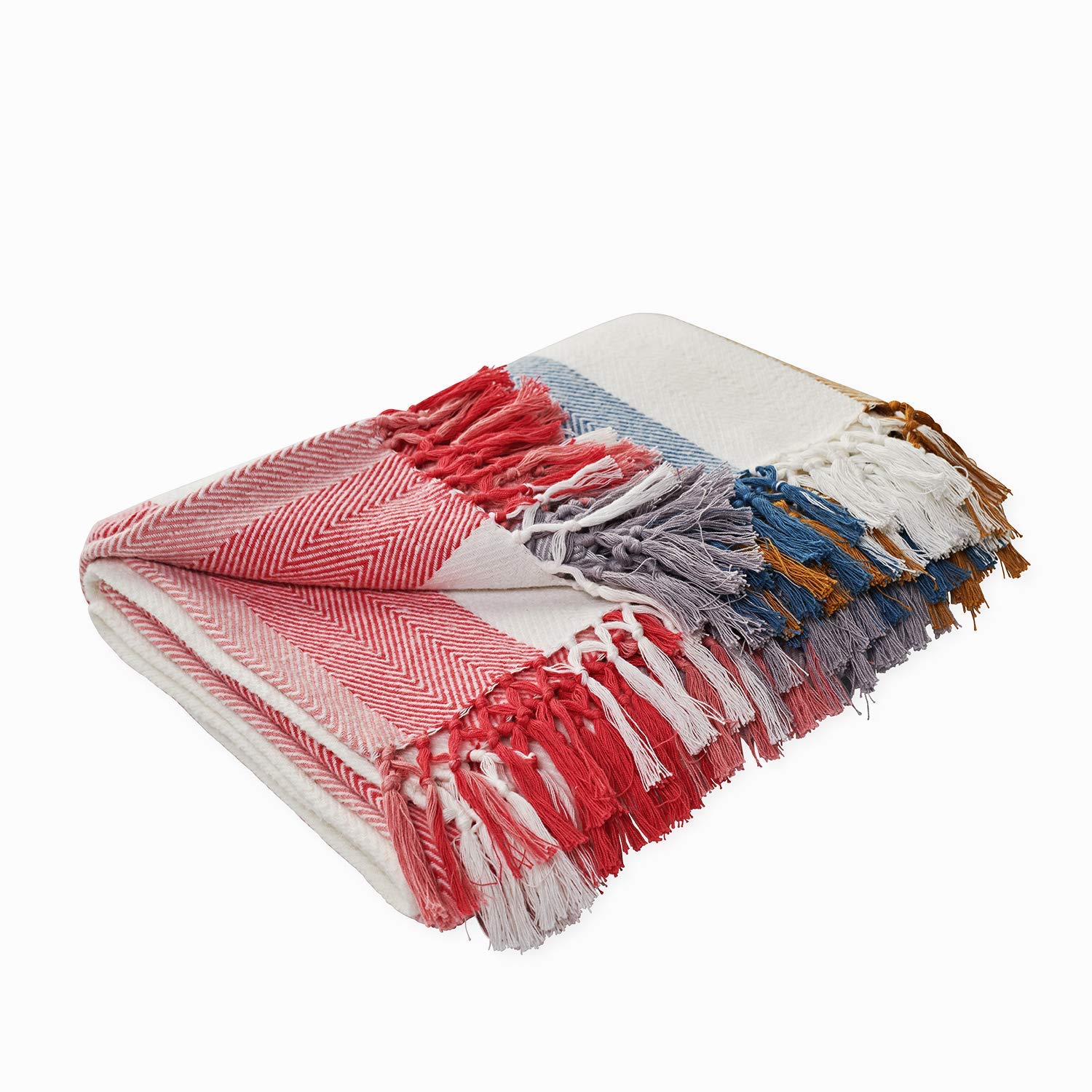 MOTINI Striped Throw Blanket 100% Turkish Cotton Handmade Brushed Fringed Multi-Colored Herringbone Decorative Soft Cozy Modern Throw Blanket for Bed Couch Sofa Office Chair,50\