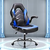 OLIXIS Computer Gaming Chair, Lumbar Support, PU Leather | 360&deg; Swivel Wheels, Height Adjustable, Flip-up Armrest, Ergonomic Home Office Desk, Video Racing, Black and Blue