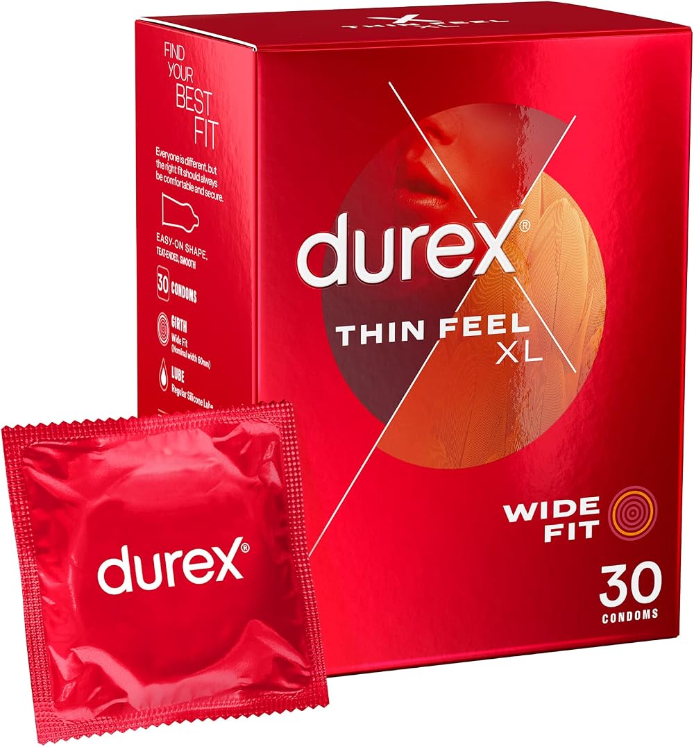 Durex Thin Feel XL Condoms 30s, Wide Fit 60mm, Natural Latex, Silicone Lube