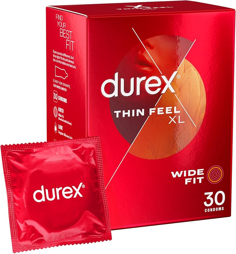 Durex Thin Feel XL Condoms 30s, Wide Fit 60mm, Natural Latex, Silicone Lube