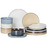 E-far 12-Piece Plates and Bowls Sets, Stoneware Dinnerware Dishes Sets for 4, Kitchen Modern Dining Dishware, Chip & Scratch Resistant, Microwave & Dishwasher Safe, Multicolor