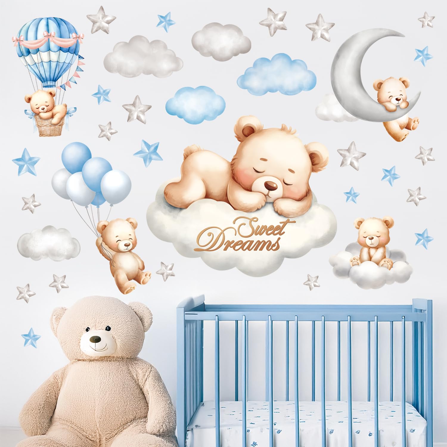 DECOWALL Sweet Dreams Bear Wall Stickers – Removable Nursery Decals with Clouds, Stars & Balloons for Kids Bedroom & Baby Room Décor (SG2-2407) — image 1