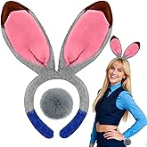 Voiiake Grey Bunny Ears Headband and Tail Set, Bunny Costume Accessories for Women Adult, Plush & Bendable Gray Rabbit Ears for Halloween Party Cosplay