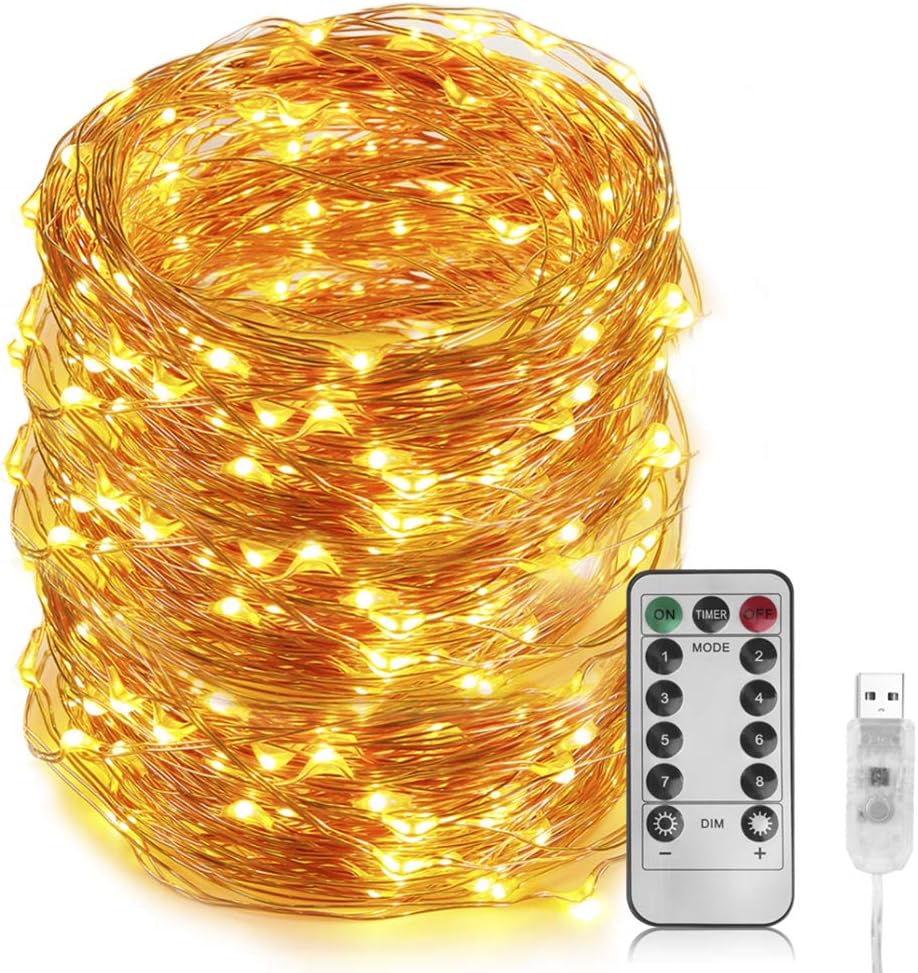 66 Ft 200 LED Fairy Light - Cooper Wire String Light USB Powered with 8 Modes Remote Control for Indoor&Outdoor, for Bedroom Ceiling Wall Tapestry Halloween Christmas Decor (Warm White Colored) : Garden & Outdoor