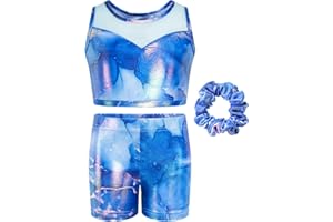 JiAmy Two Piece Gymnastics Leotards for Girls, Sleeveless Sparkly Athletic Outfit with Shorts or 3-12 Years
