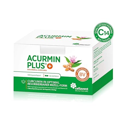 Kurkuma Kapseln hochdosiert von Acurmin PLUS: Das Mizell-Curcuma (Curcumin) - C14-Zertifiziert - mit Vitamin D3, OHNE Piperin