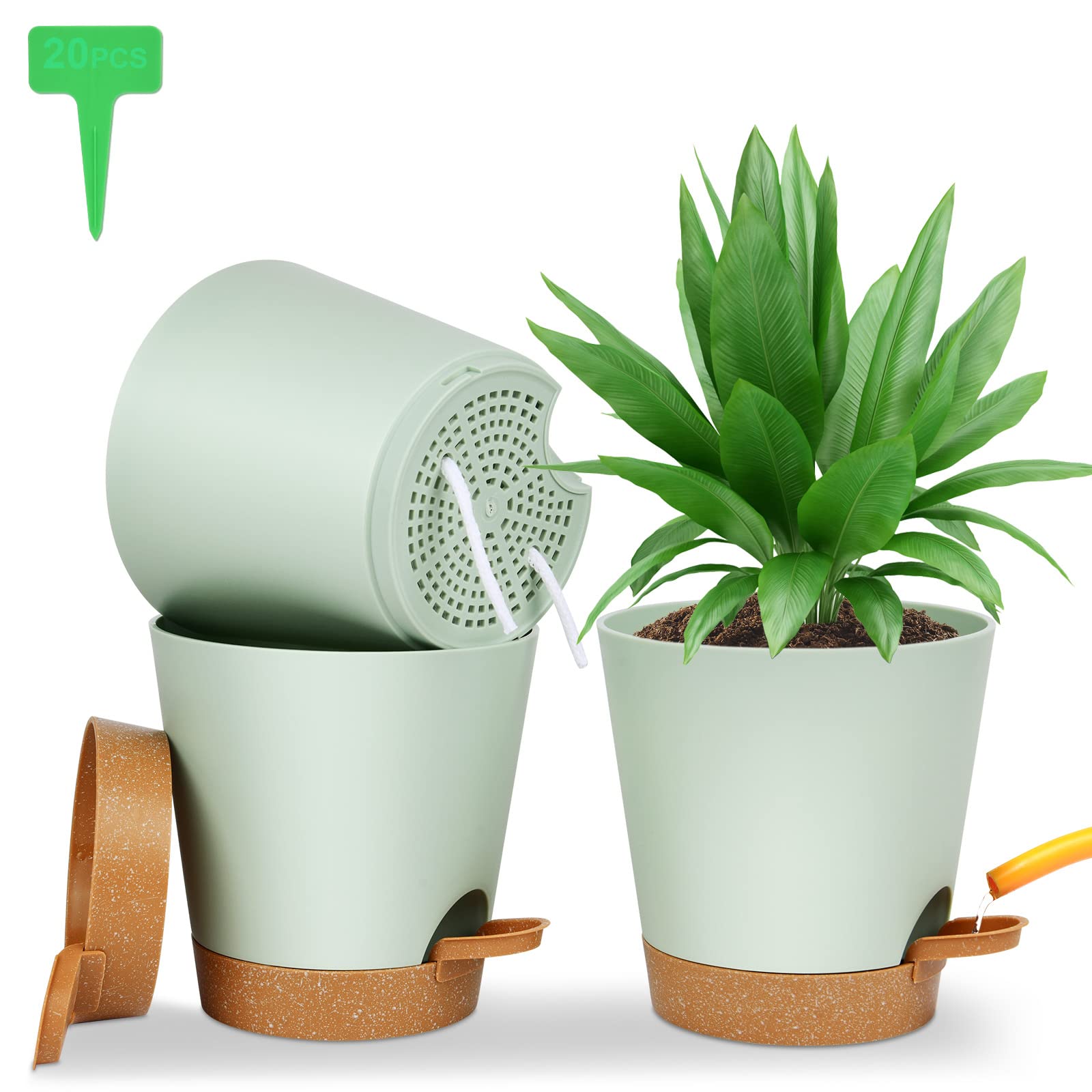 OFFCUP Plant Pots, 3pcs Plastic Plant Pots 16.5cm Self Watering with Drainage Holes, Saucers and Reservoir, Suitable for Plants Indoor Modern Fashion Decorative Plastic (Green)