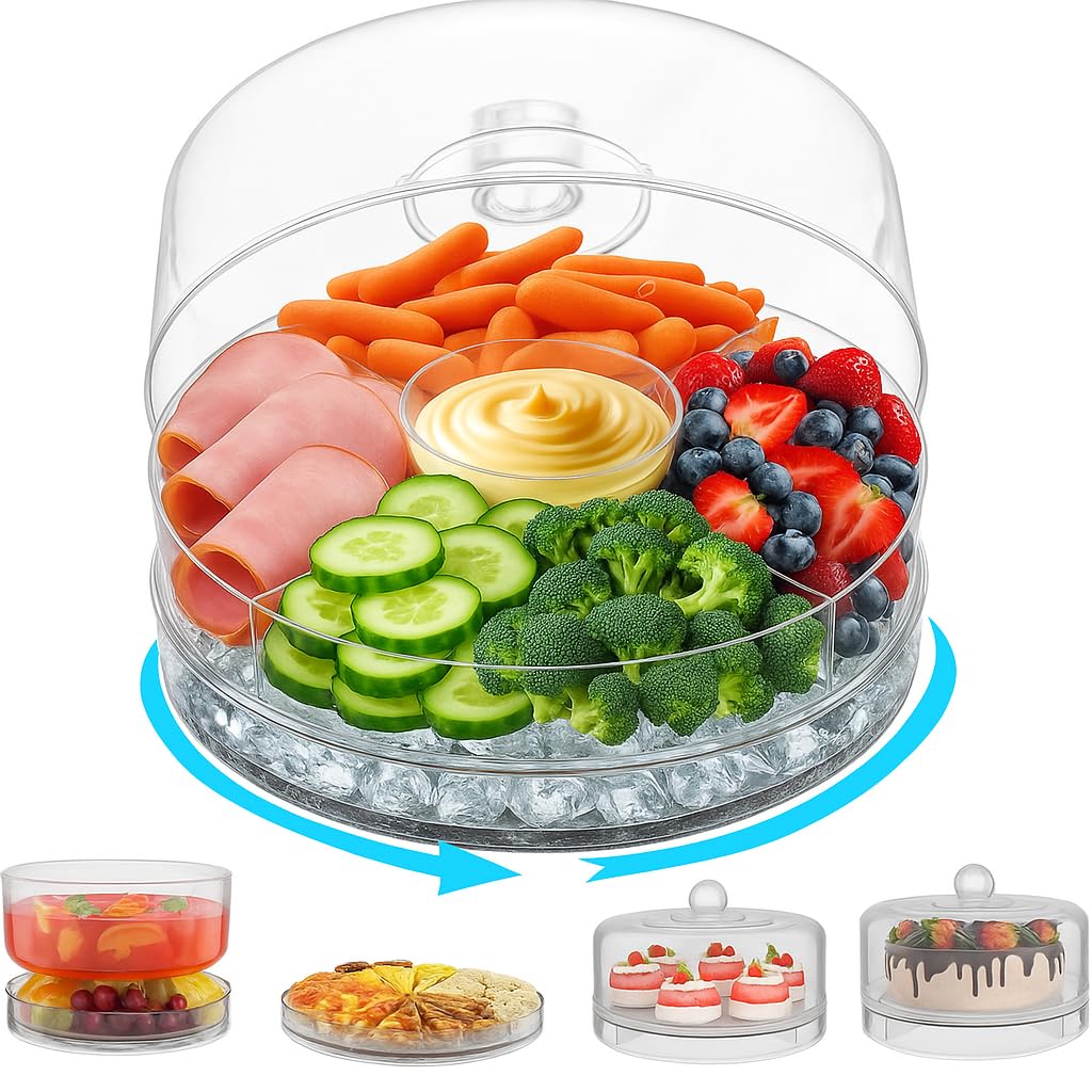 Photo 1 of 4-in-1 Small Mini Premium Rotating Chilled Serving Tray, 9.05" Ice-Cooled Party Platter with 4 Compartments – Perfect for Fruit, Cake, Desserts, and Shrimp Cocktails – Keeps Food Fresh & Cool
