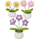 Wishwell Pop 3pcs Knitted Flowers, Tulip Daisy Puff Flowers Crochet Flowers Pots for Car Dashboard Office Home Decoration, Cute Desk Décor, Gifts for Friends, Family and Lover