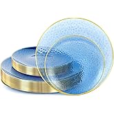 Lullaby 60Pcs Blue Gold Plastic Plates, Blue Disposable Plates With Gold Rim, Plastic Plates Include 30 Dessert Plate 10'', 30 Dinner Plate 7.5'' for Party, Birthdays and Wedding 