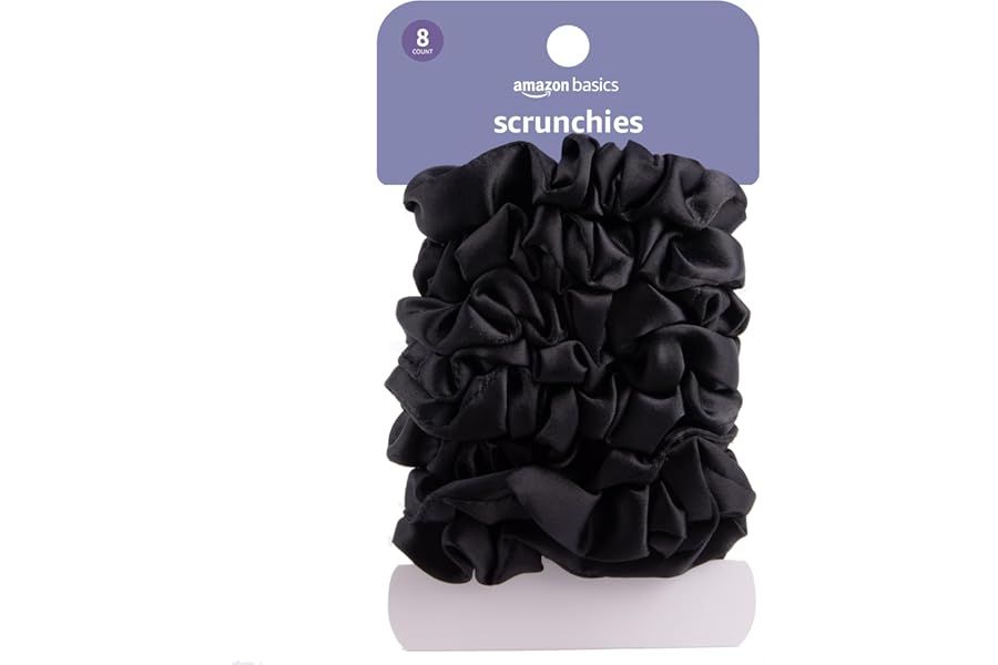 Amazon Basics Satin Scrunchies Black Hair Ties, Pack of 8