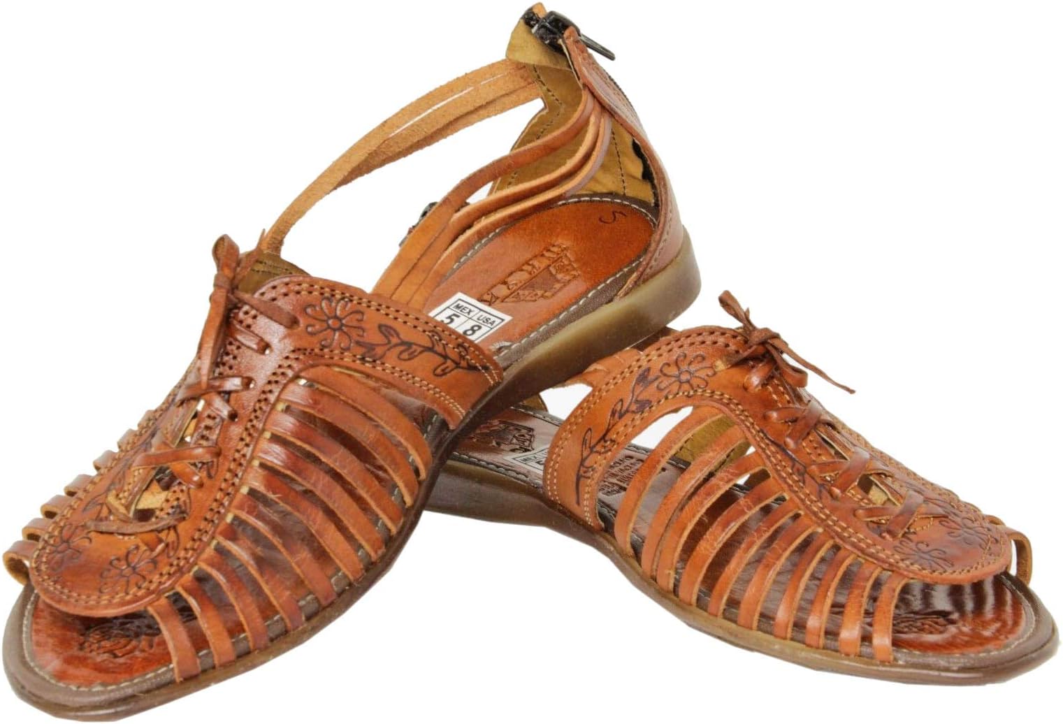 Women's 222 Rustic Cognac Leather Lace Tooled Zip Up Mexican Huaraches Open Toe 6