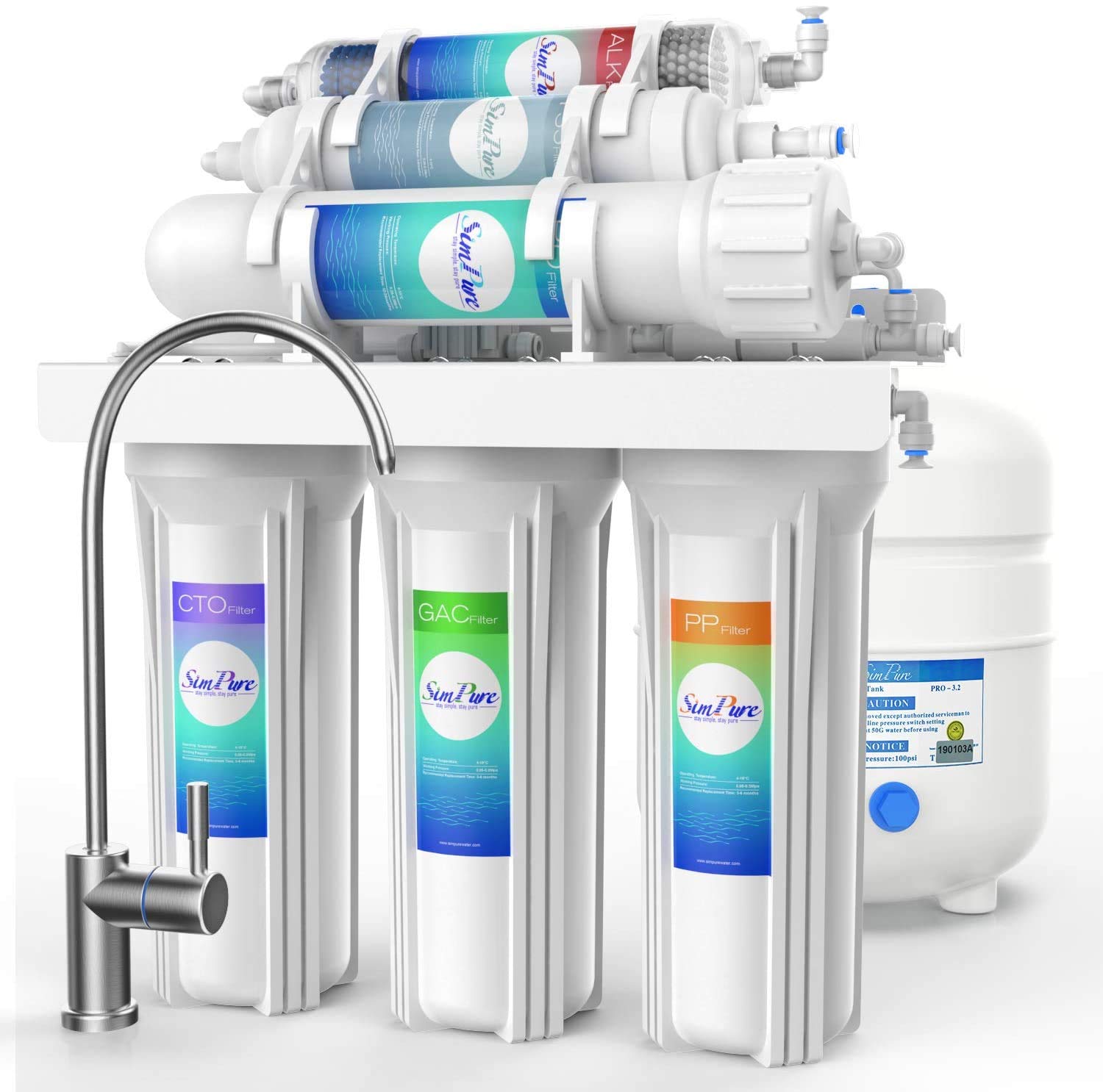 SimPure 6 Stage Reverse Osmosis Water Filtration System with pH+ Balancing Alkaline, 100GPD Under Sink RO Drinking Water Filter Purifier, NSF Certified, TDS Reduction, Fresh and Crisp Taste, T1: Industrial & Scientific