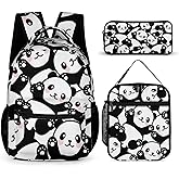 Homieblanket Panda Backpack with Lunch Box & Pencil Case, 16 Inch Cute Panda Themed Bookbag, Adjustable Lightweight Large Capacity, Colorful Panda Backpack Set for Kids Girls Boys School