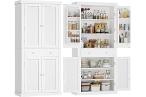 usikey 72” Pantry Cabinet, Tall Kitchen Storage Cabinet with 4 Doors and 1 Drawer, Cupboard with 6 Hanging Shelves and Adjustable Shelves for Kitchen, Dining Room, Living Room, White