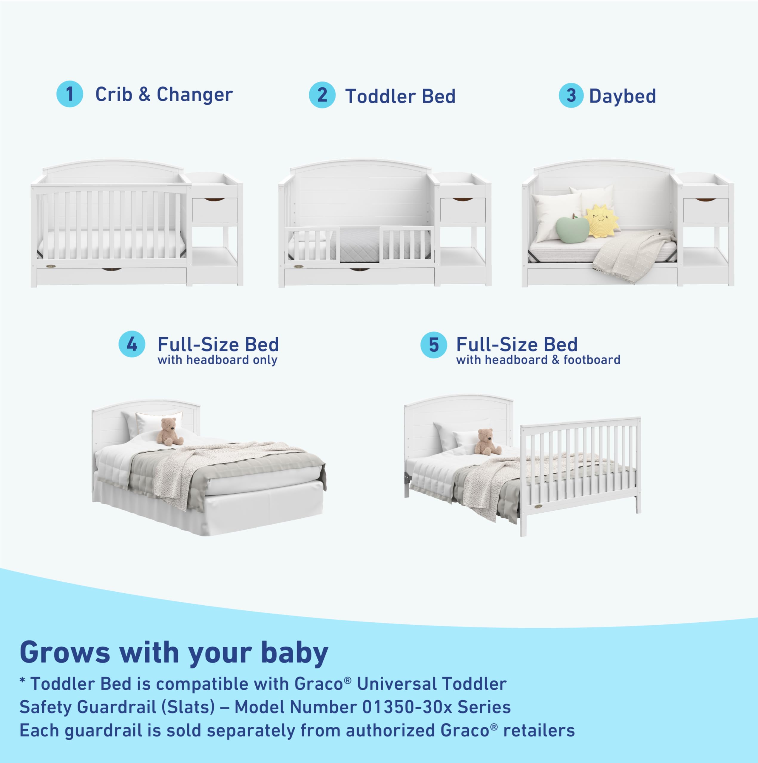 Graco Bellwood 5-in-1 Convertible Crib & Changer with Drawer (White) - GREENGUARD Gold Certified, Full-Size Storage Drawer, Converts to Toddler Bed and Full-Size Bed