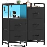 Somdot Wide Bedroom Nightstand with 5 Drawers, Charging Station &amp; LED Light | Open-Shelf Dresser with Fabric Bins for Kids Room, Closet, Dorm and Guest Room, Black