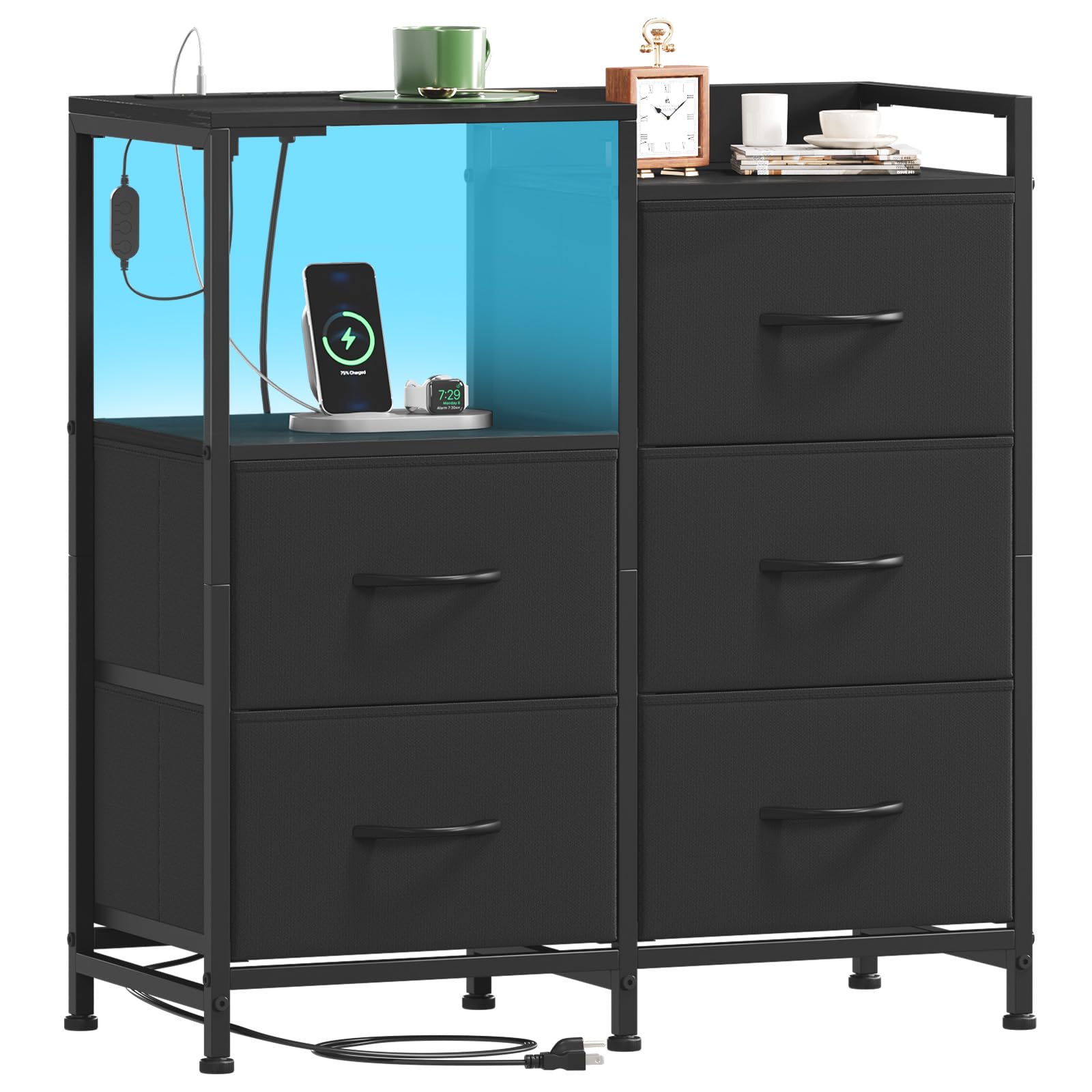 Photo 1 of **USED, INCOMPLETE** Somdot Black Nightstand with Charging Station and LED Light, Wide 5 Drawers Dresser for Bedroom with Fabric Bins and Open Shelf for Bedroom Kids Closet Dorm Guest Room, Black